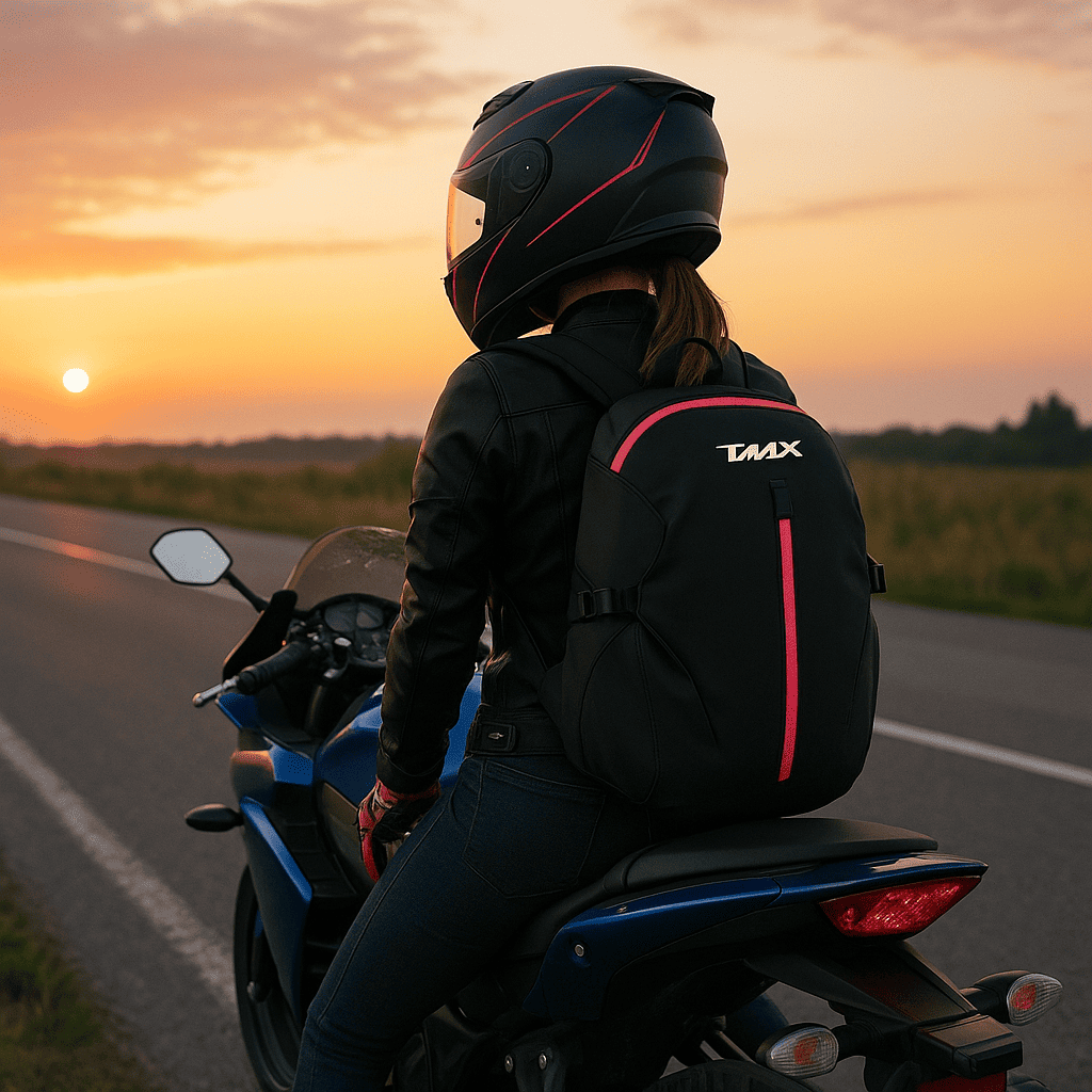 Sac à dos moto femme étanche 48L pour casque et accessoires | TheRiderBag™