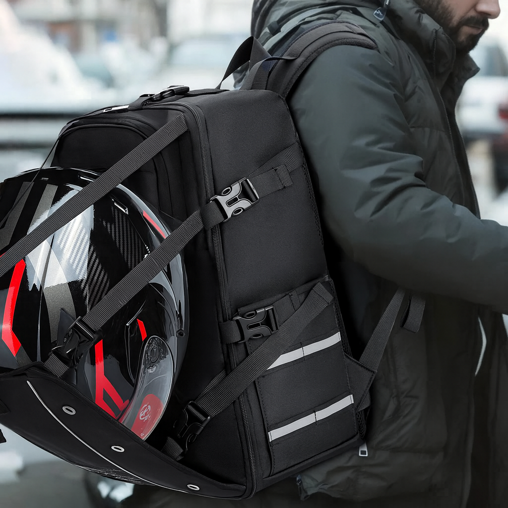 Sac à dos moto étanche avec porte-casque extensible | TheRiderBag™