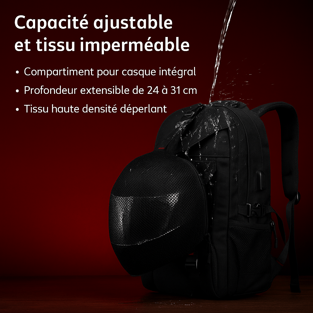 Sac à dos moto étanche extensible avec porte-casque & PC 16" | TheRiderBag™